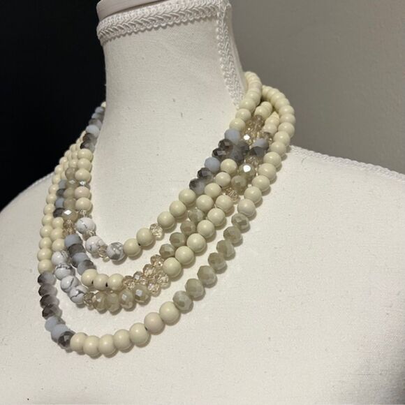 Ivory Wood Beads White Gray Marble Beads 4 Strand Choker Necklace - Picture 5 of 7